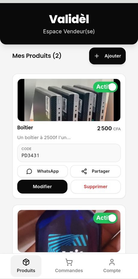 Espace vendeur Validèl : liste des produits avec code produit et partage WhatsApp.